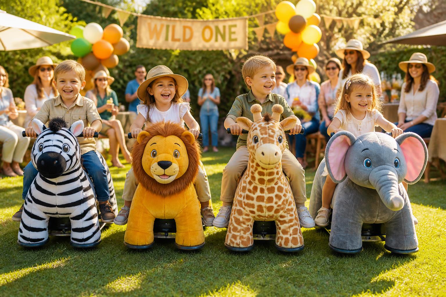 Children enjoying motorised safari animal rides at a sunny outdoor party